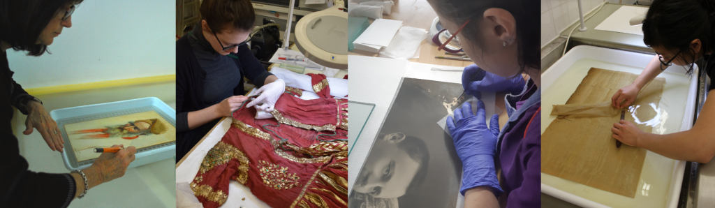 Photomontage showing Anne Maheux, Lauren Osmond, Chloé Lucas and Tiffany Eng Moore performing conservation treatments on artworks.